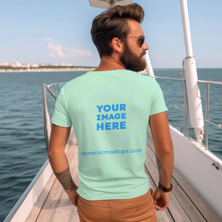 Man Wearing Mint T-shirt Mockup Back View Template