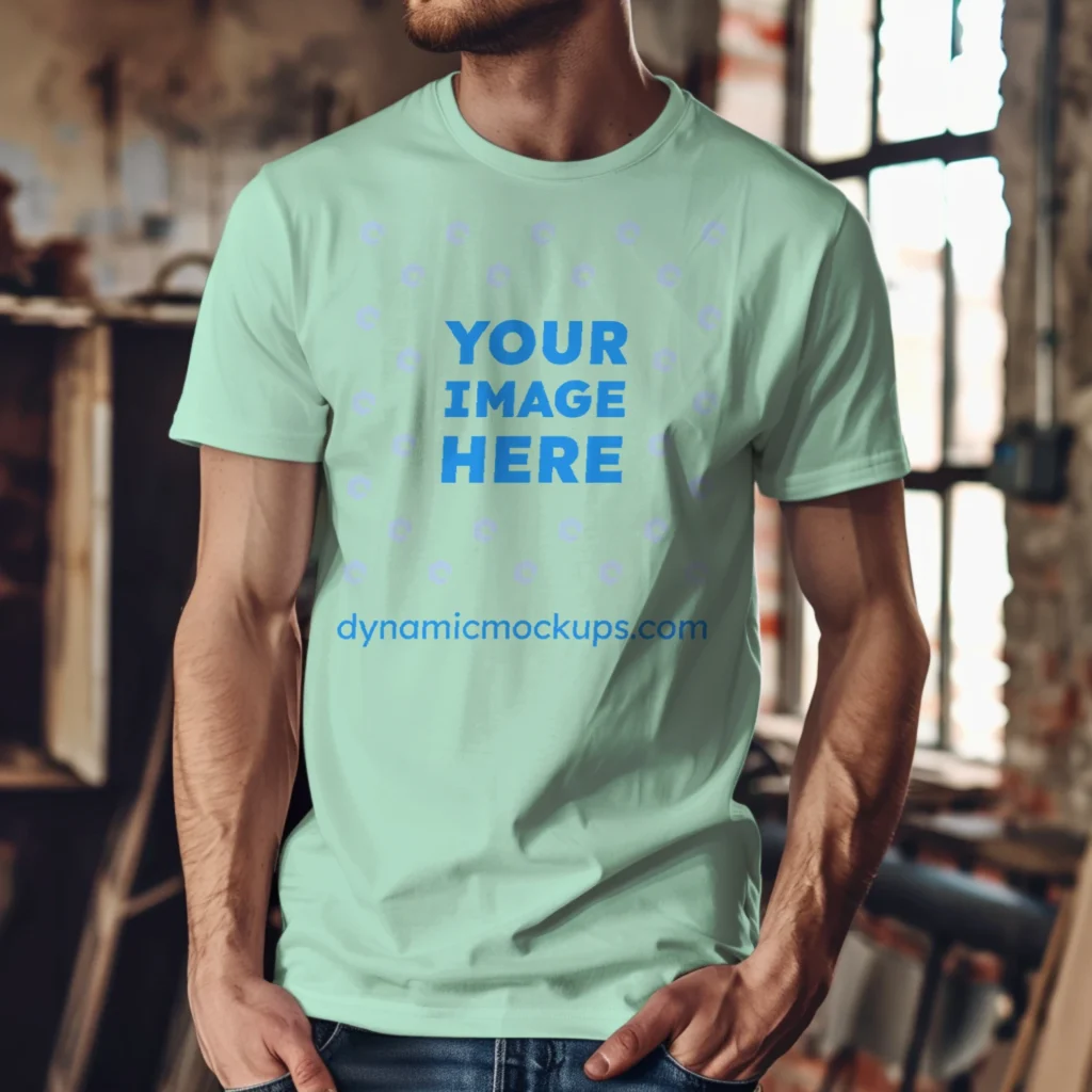 Man Wearing Mint T-shirt Mockup Front View Template