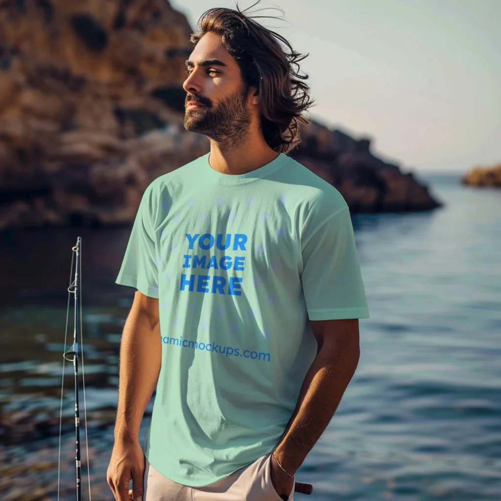 Man Wearing Mint T-shirt Mockup Front View Template