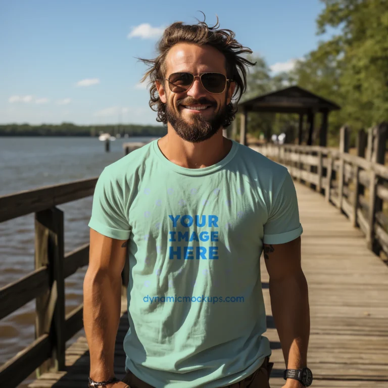 Man Wearing Mint T-shirt Mockup Front View Template