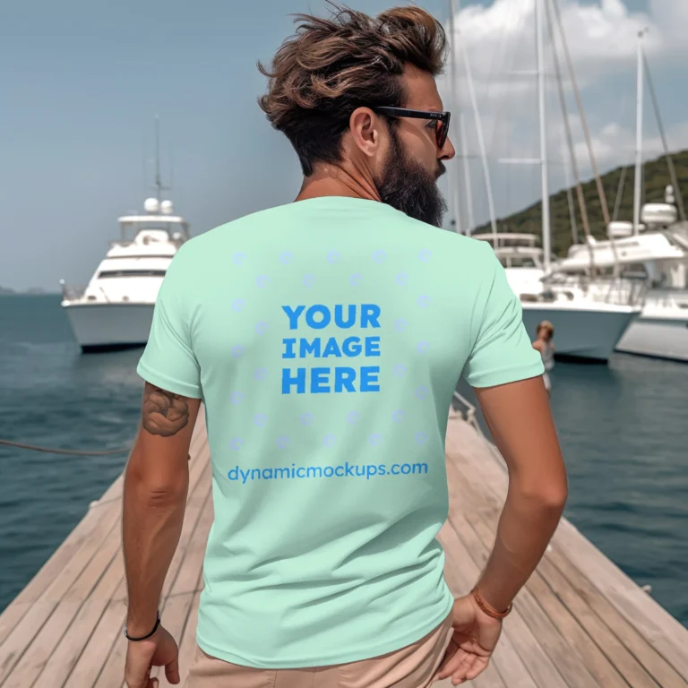 Man Wearing Mint T-shirt Mockup Back View Template