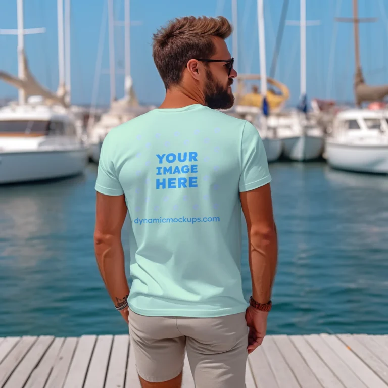 Man Wearing Mint T-shirt Mockup Back View Template