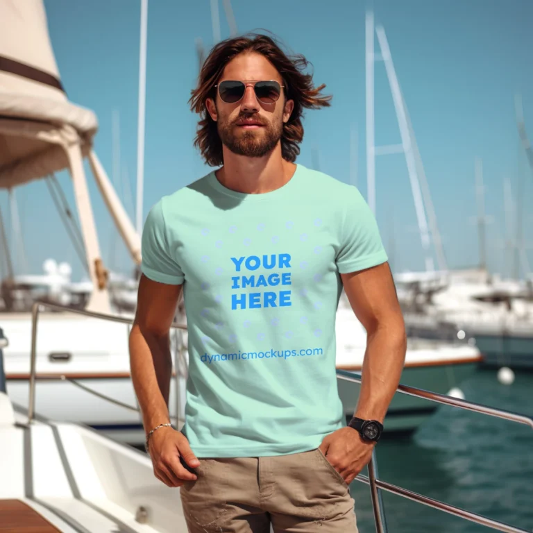 Man Wearing Mint T-shirt Mockup Front View Template