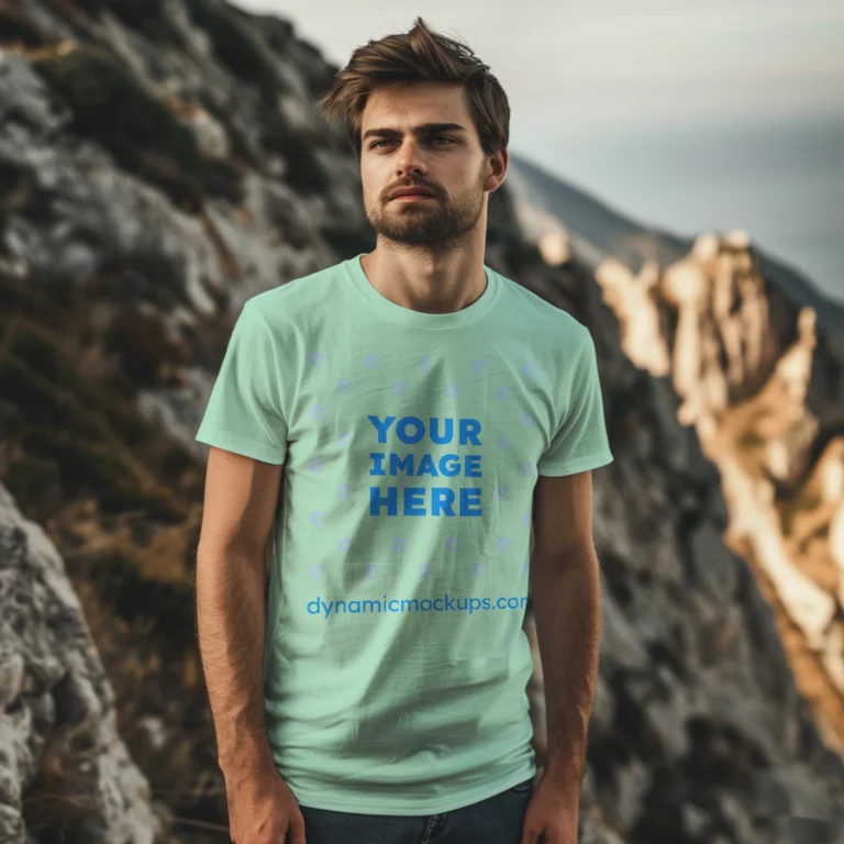 Man Wearing Mint T-shirt Mockup Front View Template