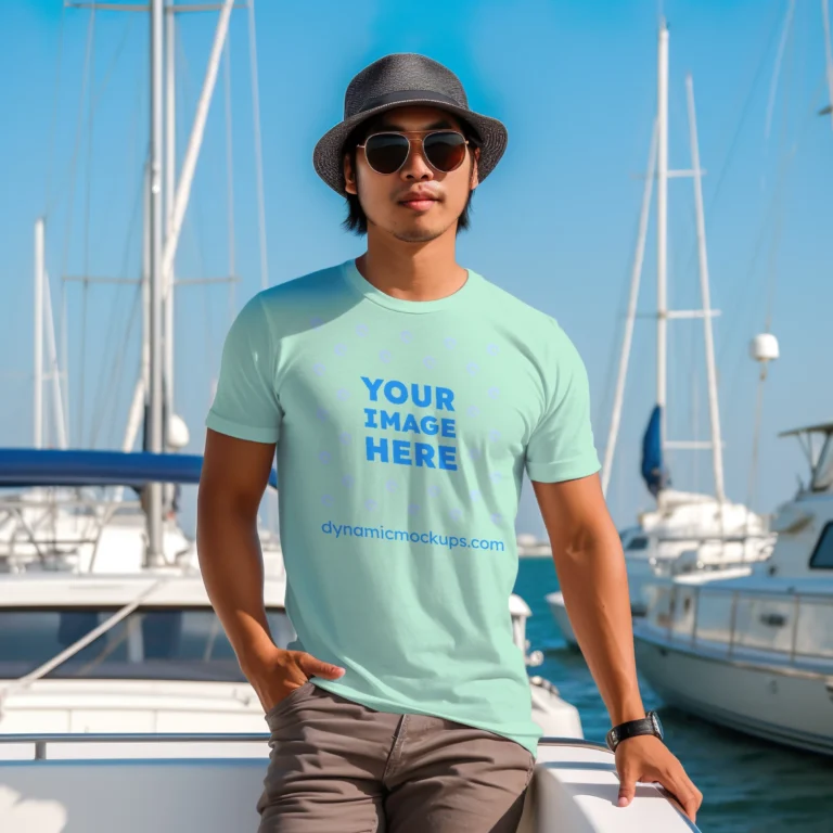 Man Wearing Mint T-shirt Mockup Front View Template