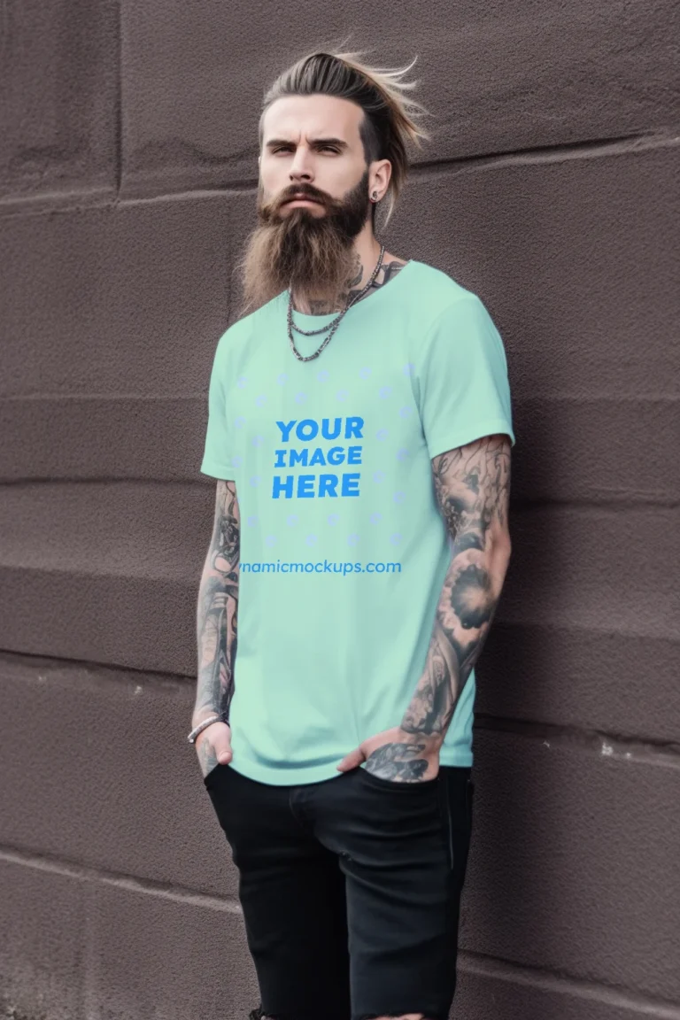 Man Wearing Mint T-shirt Mockup Front View Template