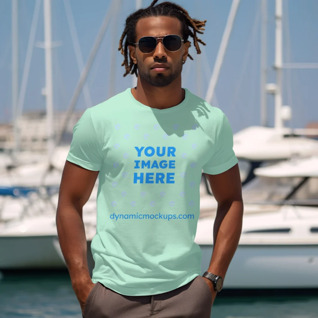 Man Wearing Mint T-shirt Mockup Front View Template