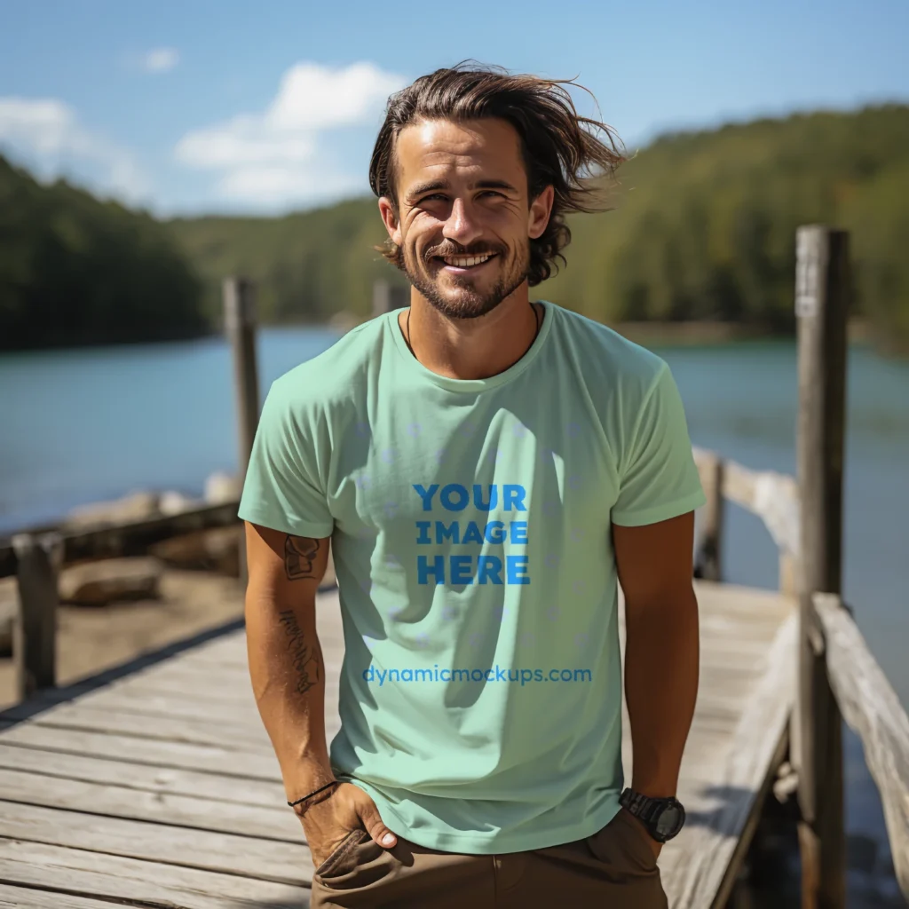 Man Wearing Mint T-shirt Mockup Front View Template