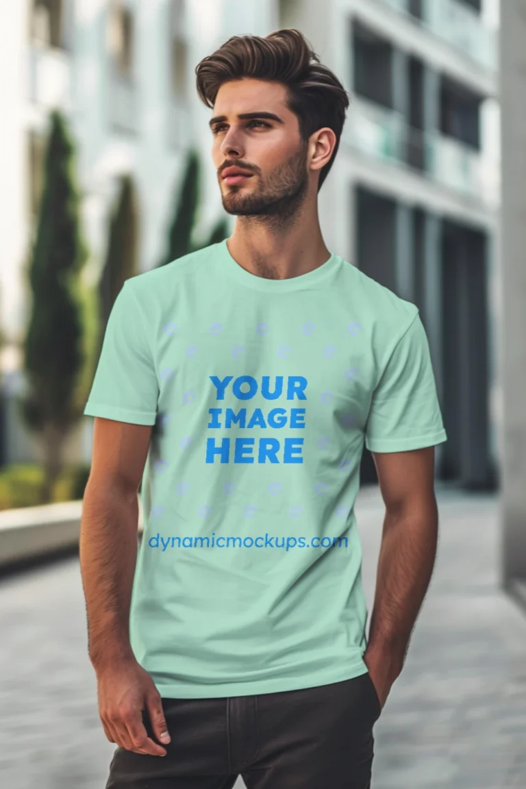 Man Wearing Mint T-shirt Mockup Front View Template