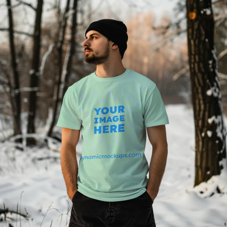 Man Wearing Mint T-shirt Mockup Front View Template