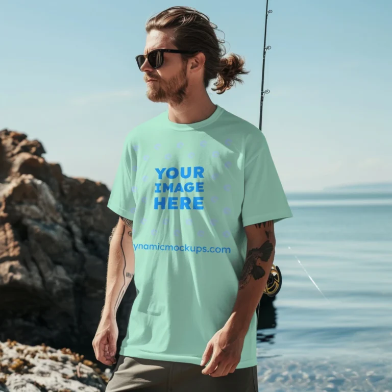 Man Wearing Mint T-shirt Mockup Front View Template