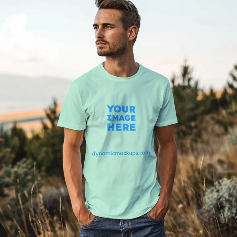 Man Wearing Mint T-shirt Mockup Front View Template