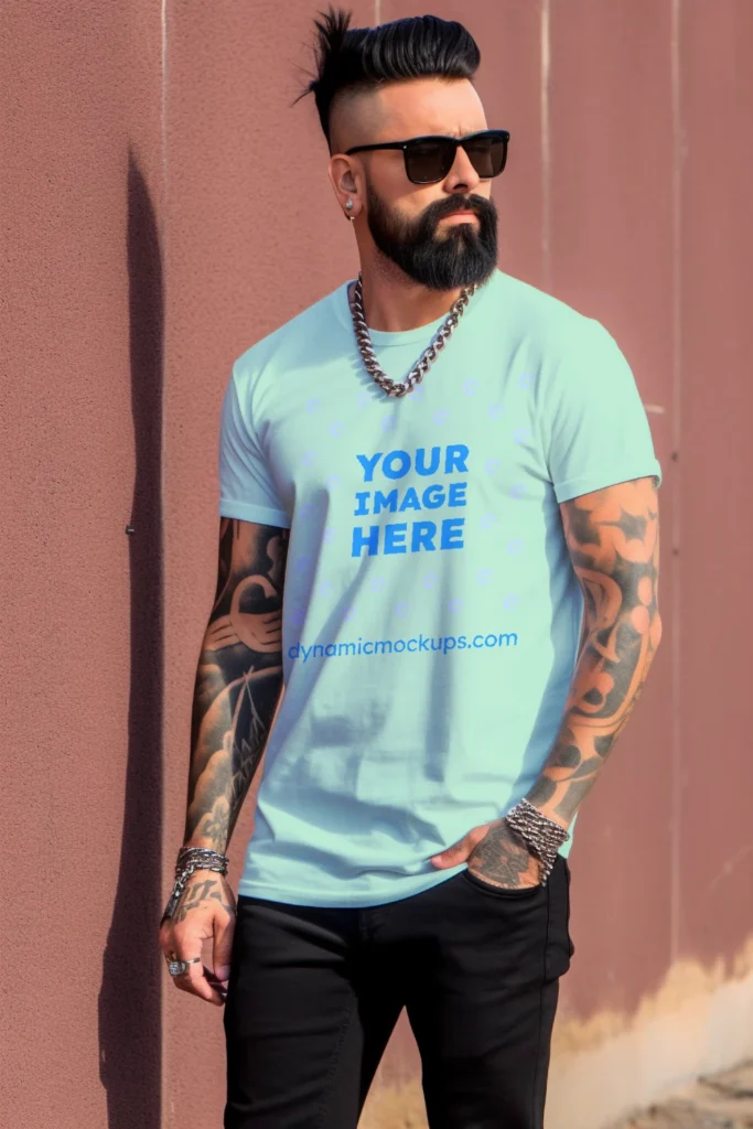 Man Wearing Mint T-shirt Mockup Front View Template