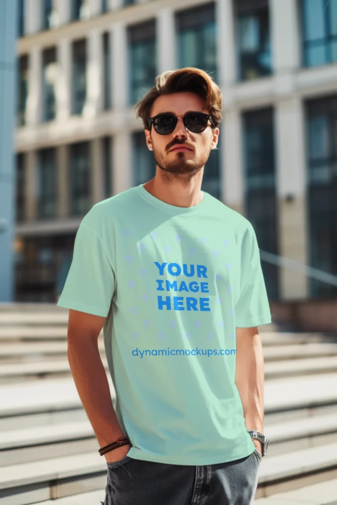 Man Wearing Mint T-shirt Mockup Front View Template