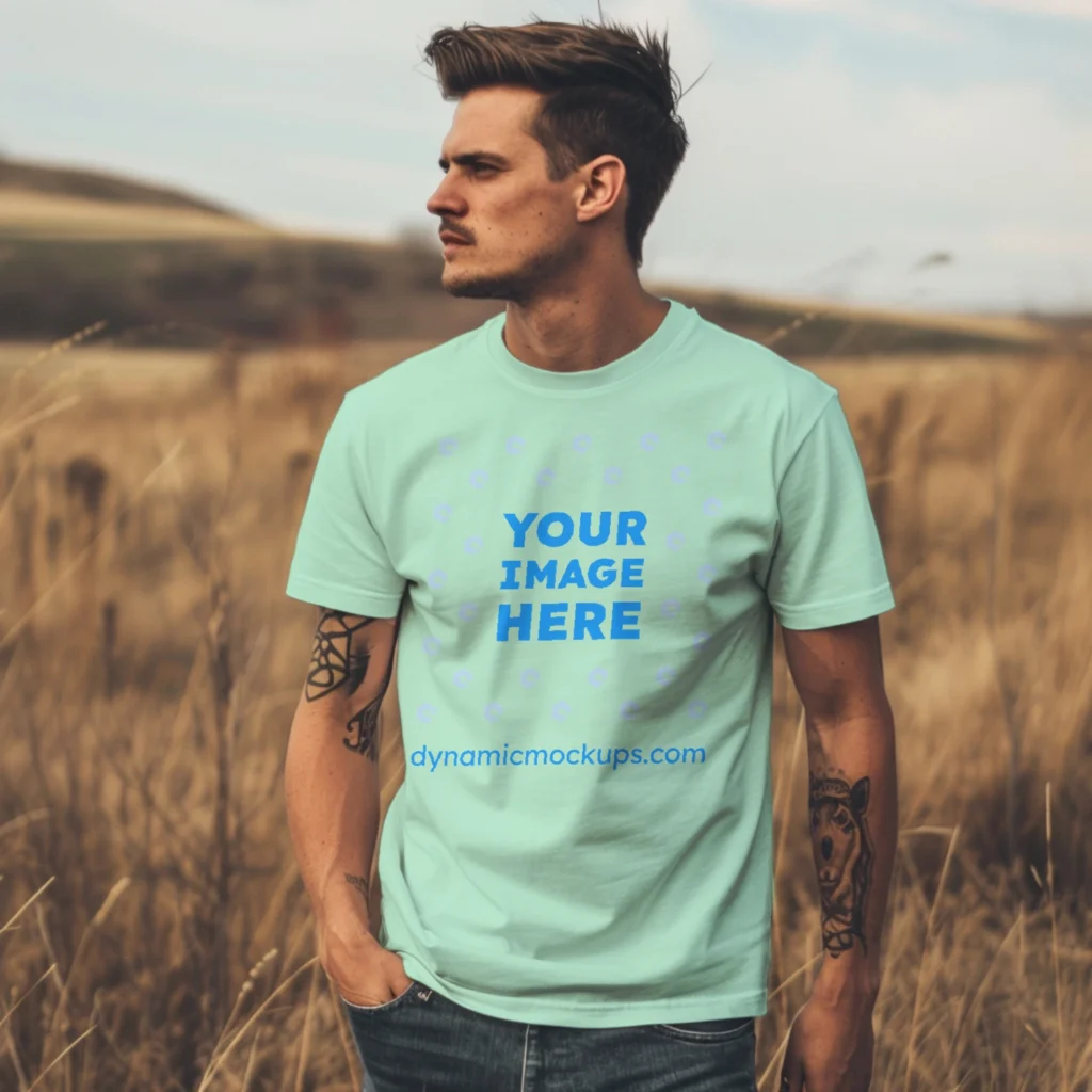 Man Wearing Mint T-shirt Mockup Front View Template