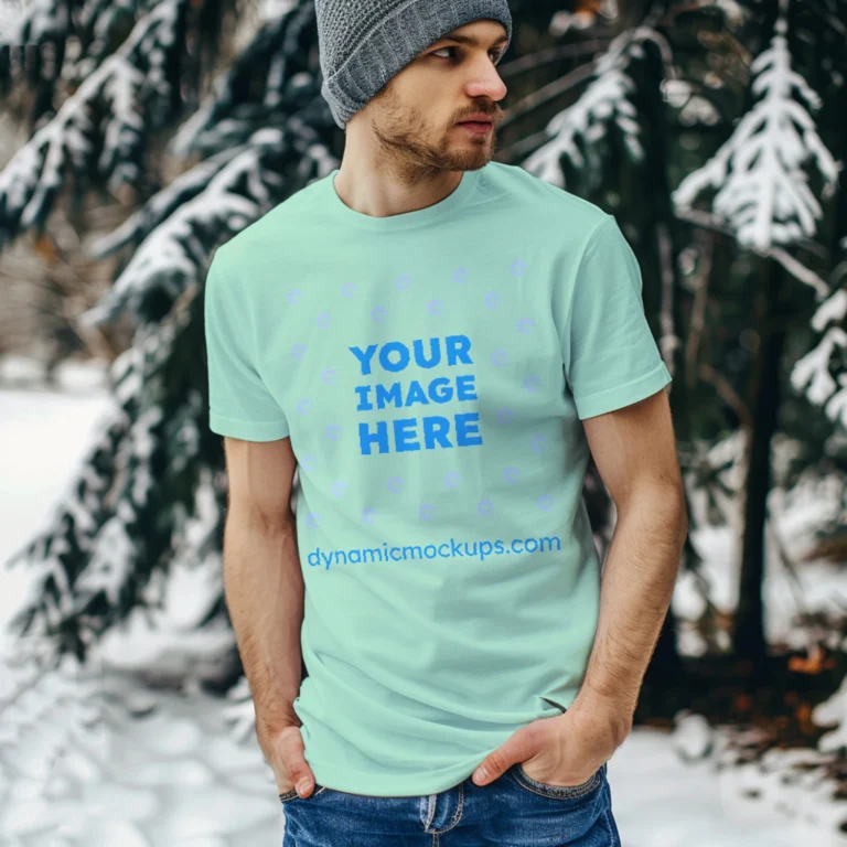 Man Wearing Mint T-shirt Mockup Front View Template