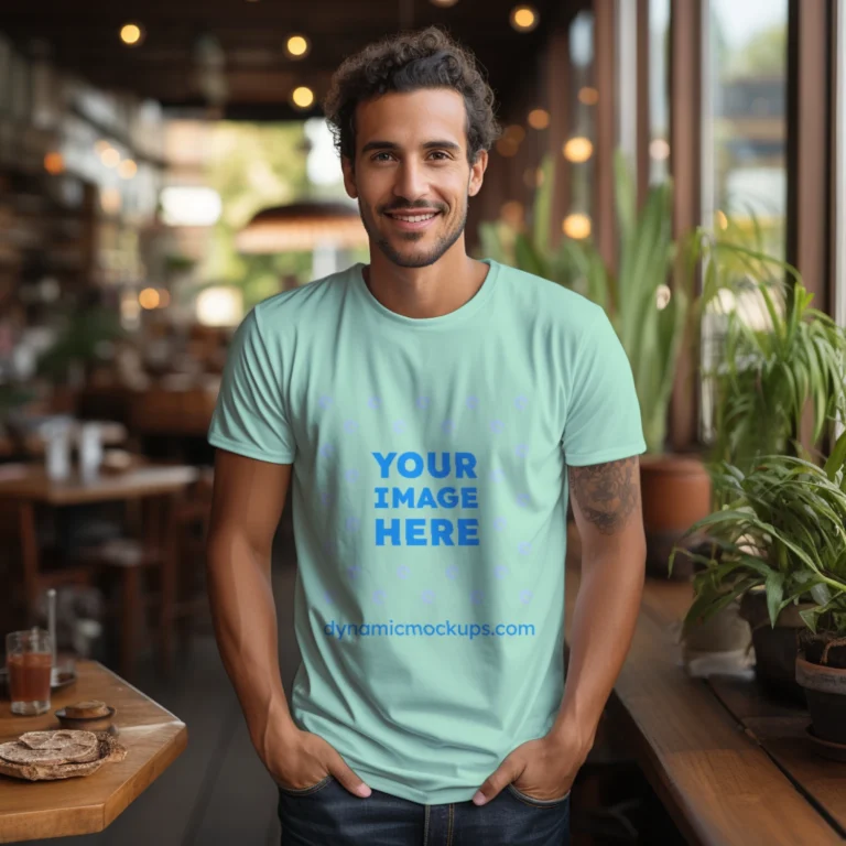 Man Wearing Mint T-shirt Mockup Front View Template