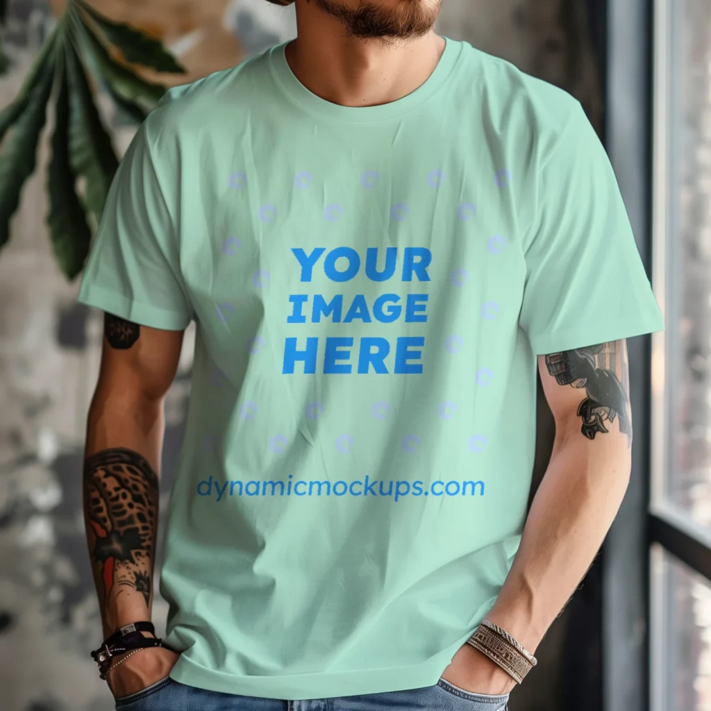 Man Wearing Mint T-shirt Mockup Front View Template