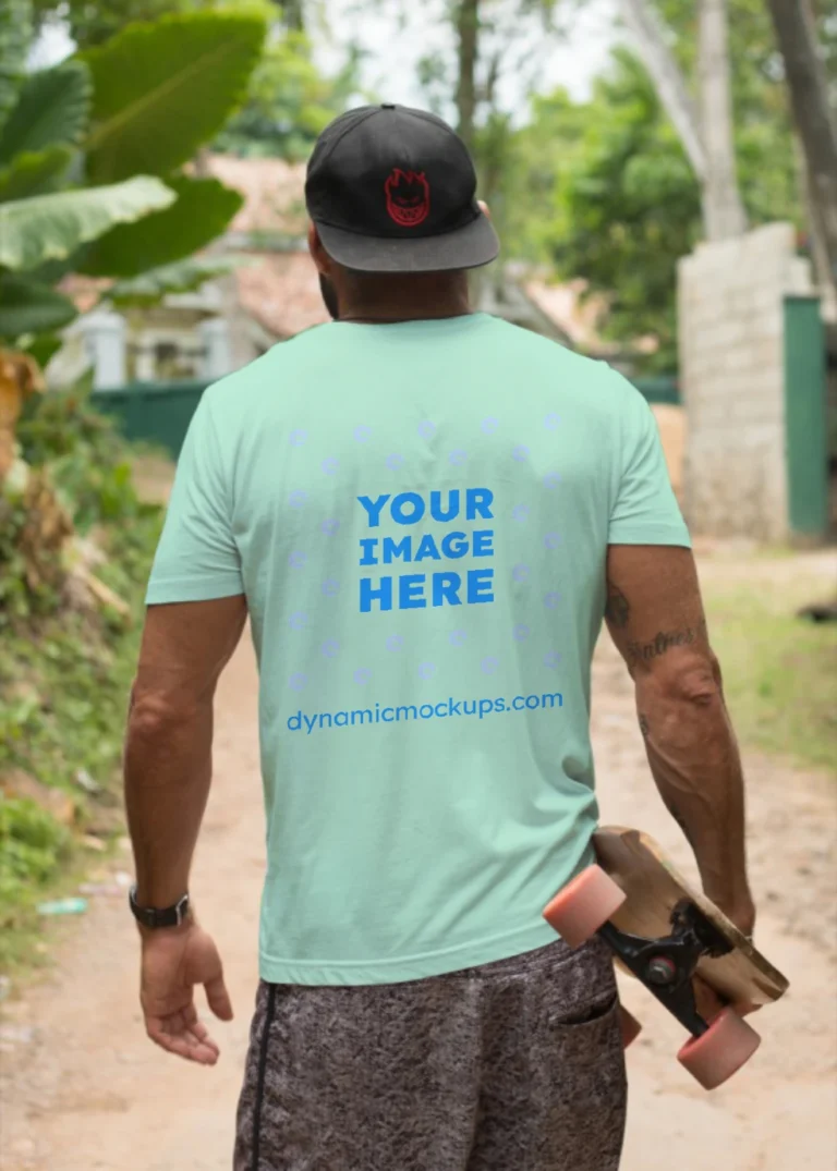 Man Wearing Mint T-shirt Mockup Back View Template