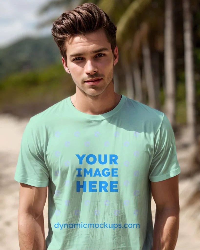 Man Wearing Mint T-shirt Mockup Front View Template