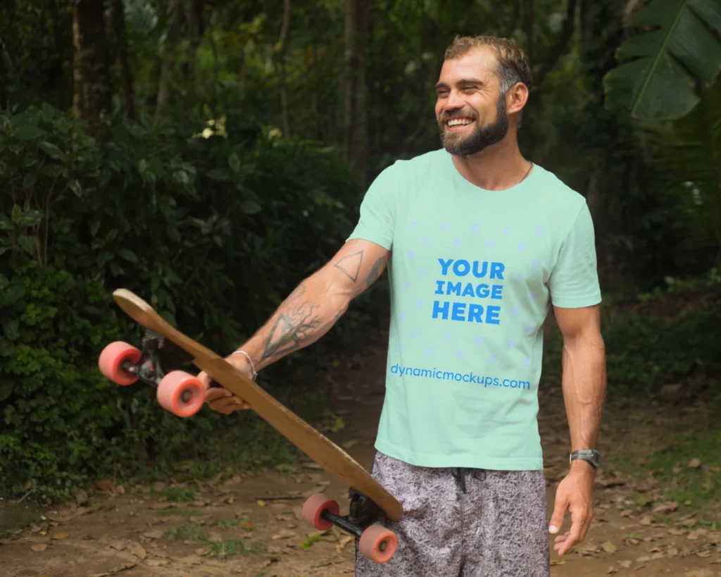 Man Wearing Mint T-shirt Mockup Front View Template