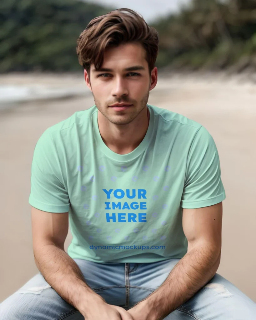 Man Wearing Mint T-shirt Mockup Front View Template