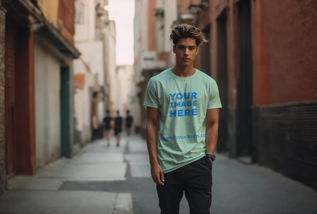 Man Wearing Mint T-shirt Mockup Front View Template