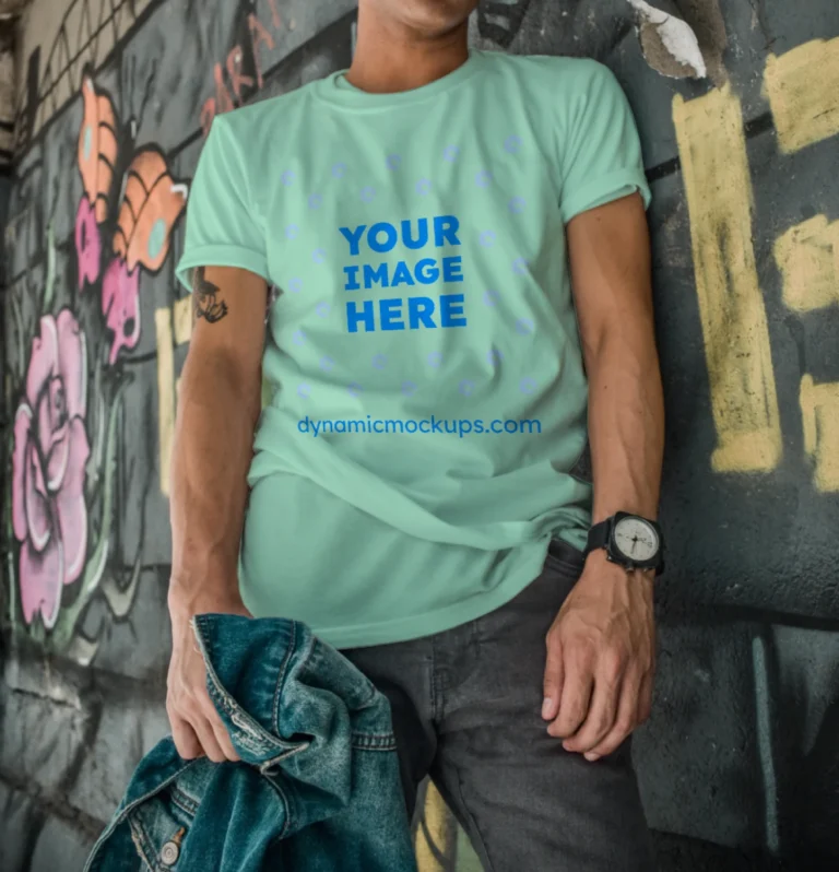 Man Wearing Mint T-shirt Mockup Front View Template