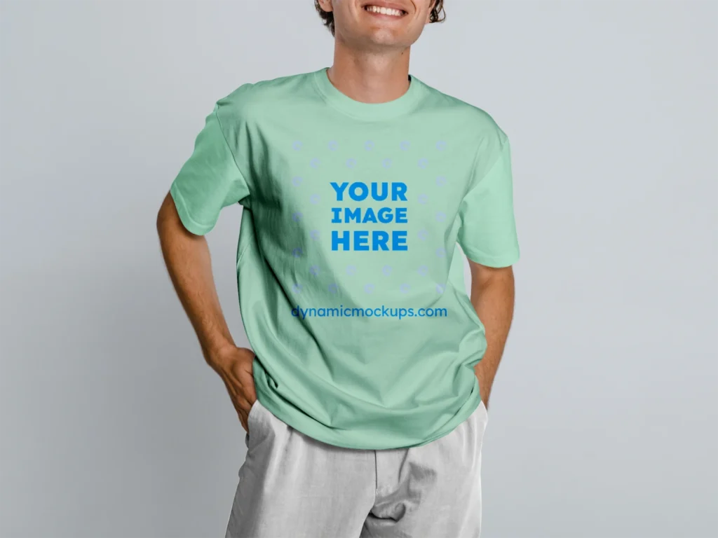 Man Wearing Mint T-shirt Mockup Front View Template