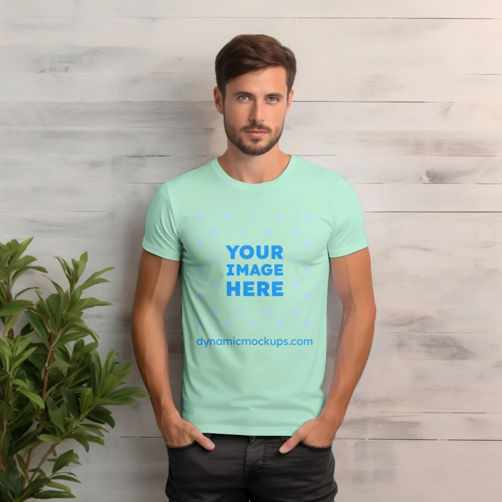 Man Wearing Mint T-shirt Mockup Front View Template