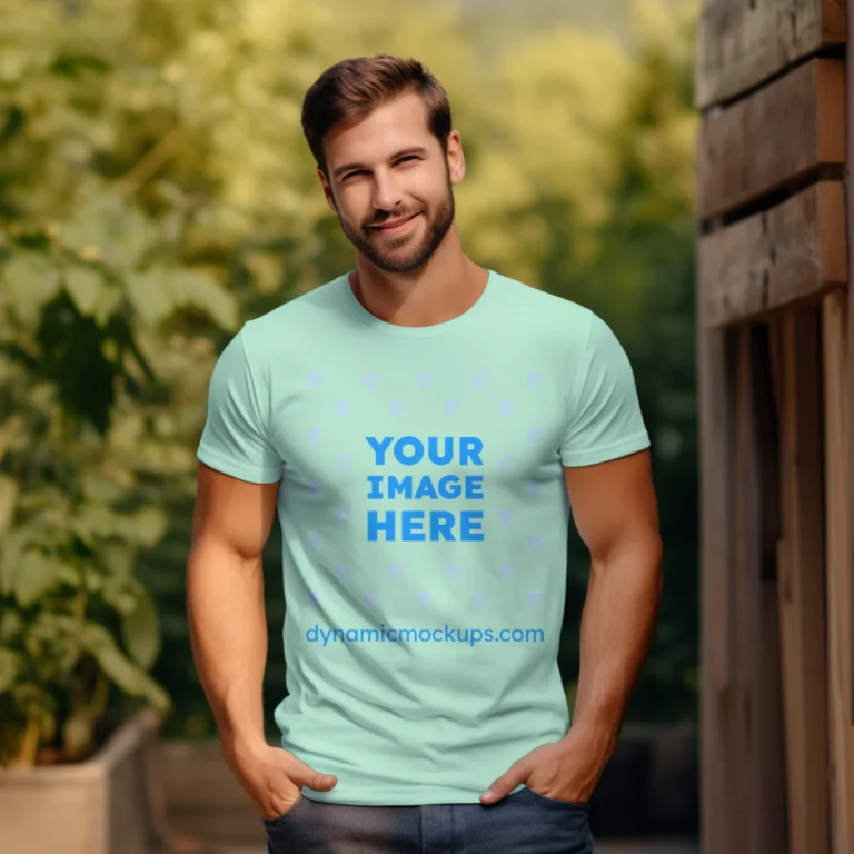 Man Wearing Mint T-shirt Mockup Front View Template