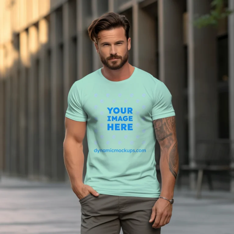 Man Wearing Mint T-shirt Mockup Front View Template