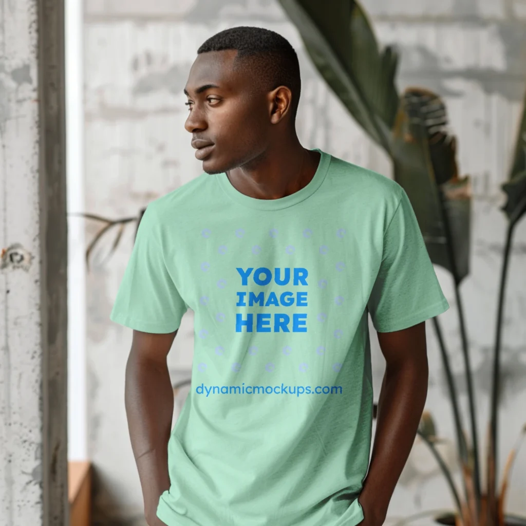 Man Wearing Mint T-shirt Mockup Front View Template