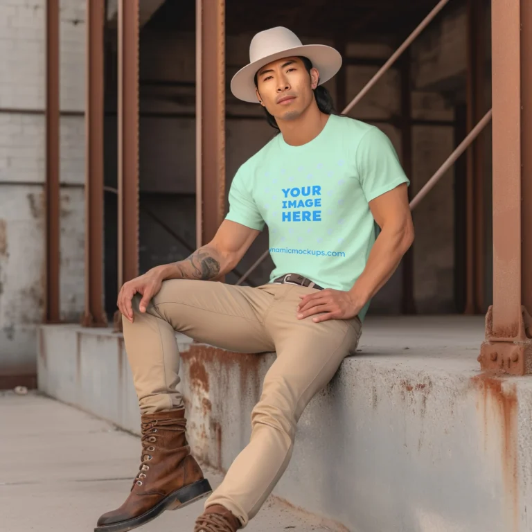 Man Wearing Mint T-shirt Mockup Front View Template