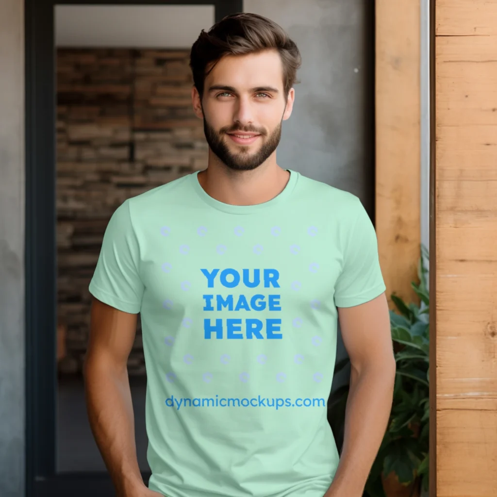 Man Wearing Mint T-shirt Mockup Front View Template