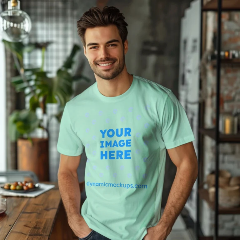 Man Wearing Mint T-shirt Mockup Front View Template