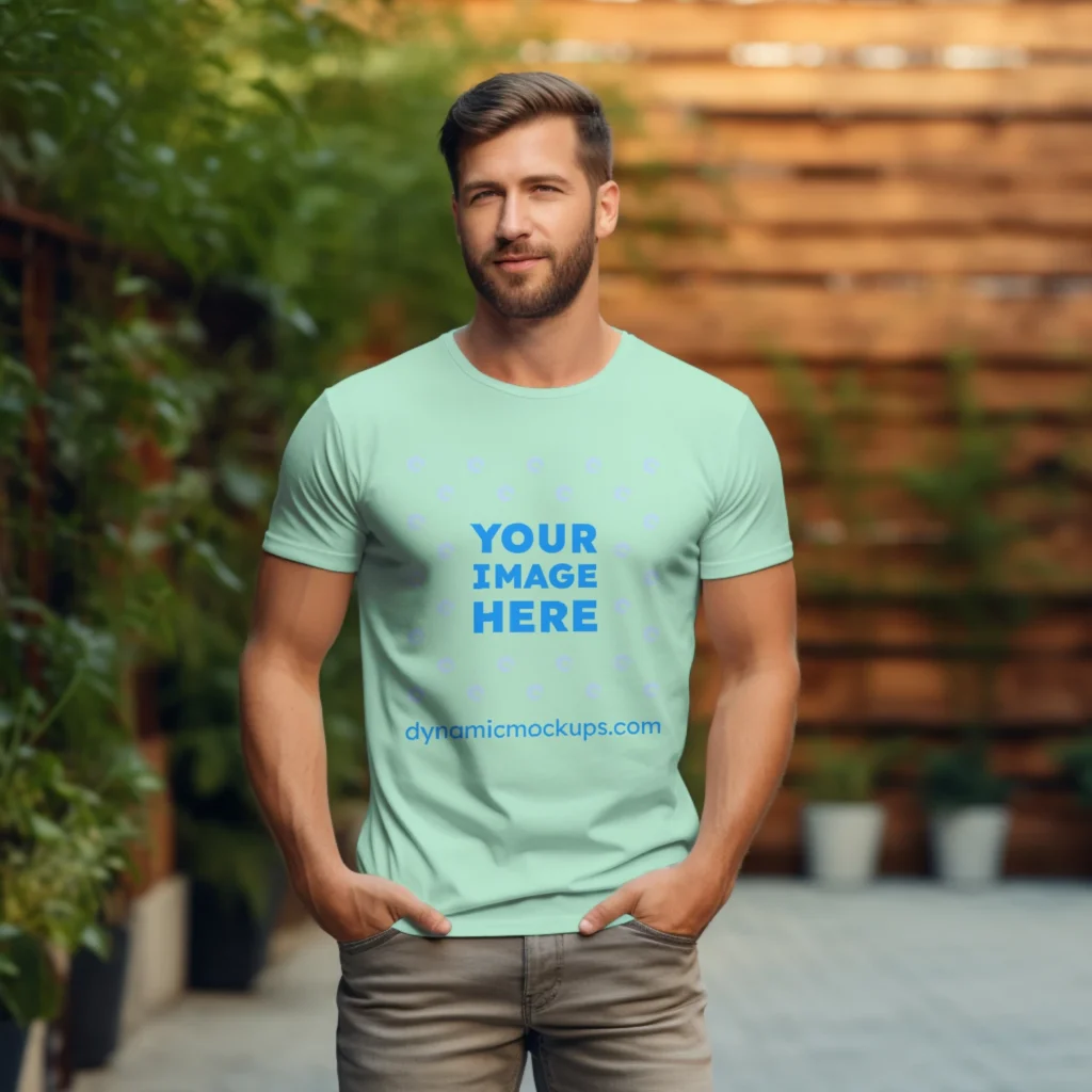 Man Wearing Mint T-shirt Mockup Front View Template