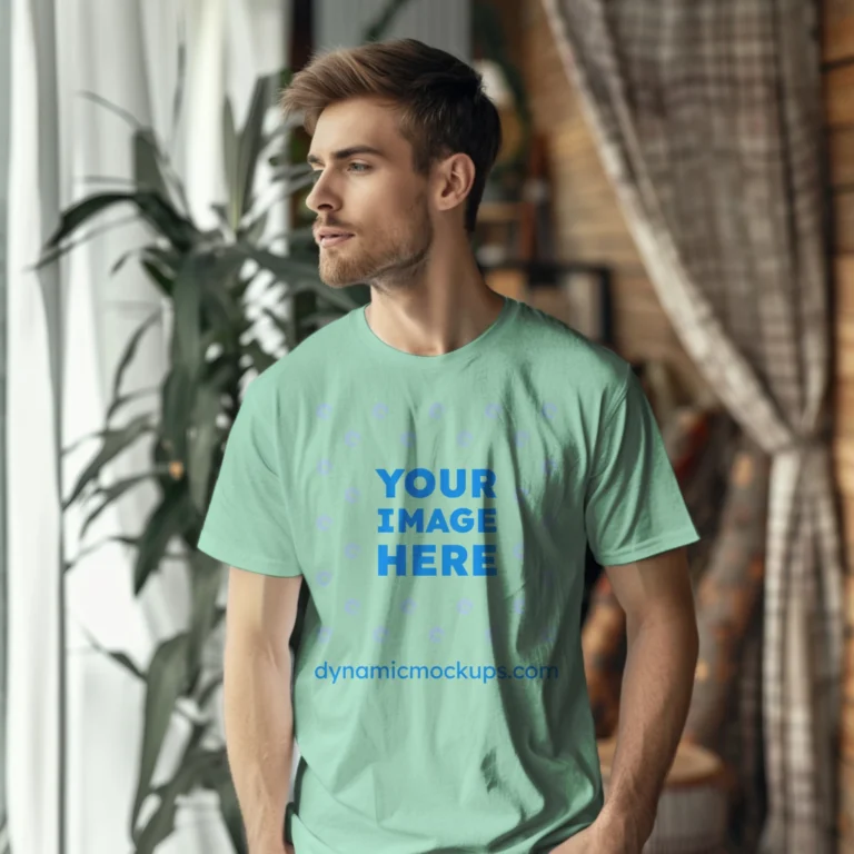 Man Wearing Mint T-shirt Mockup Front View Template