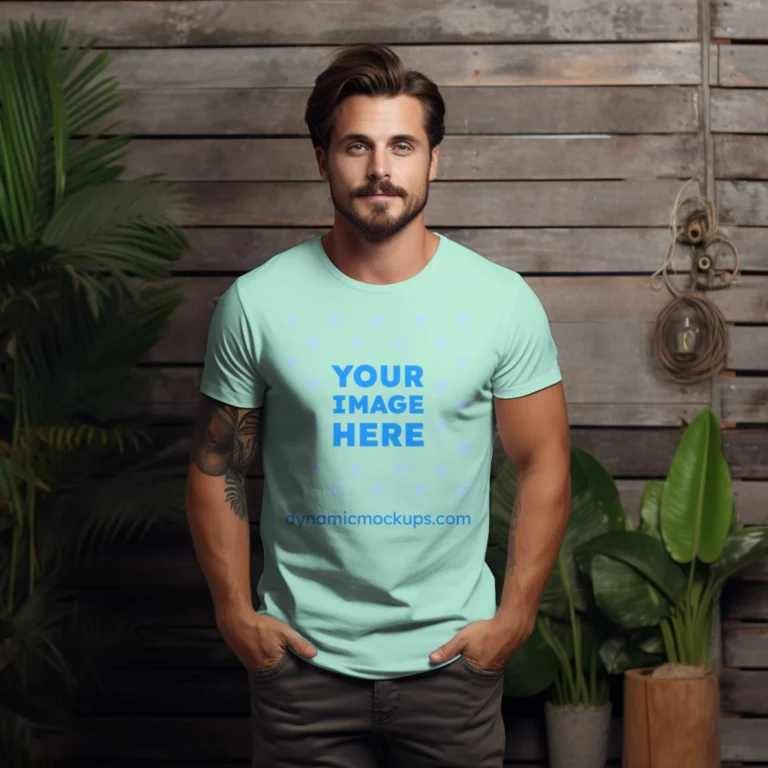 Man Wearing Mint T-shirt Mockup Front View Template