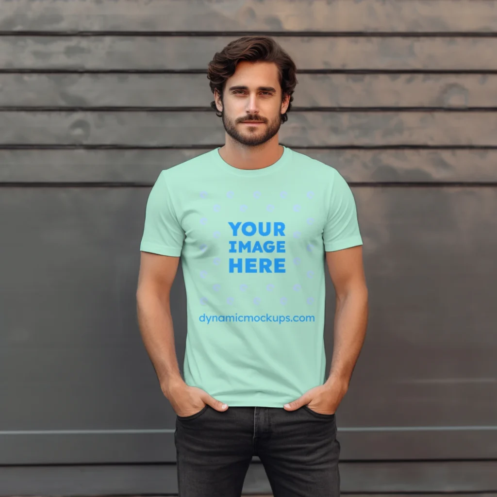 Man Wearing Mint T-shirt Mockup Front View Template