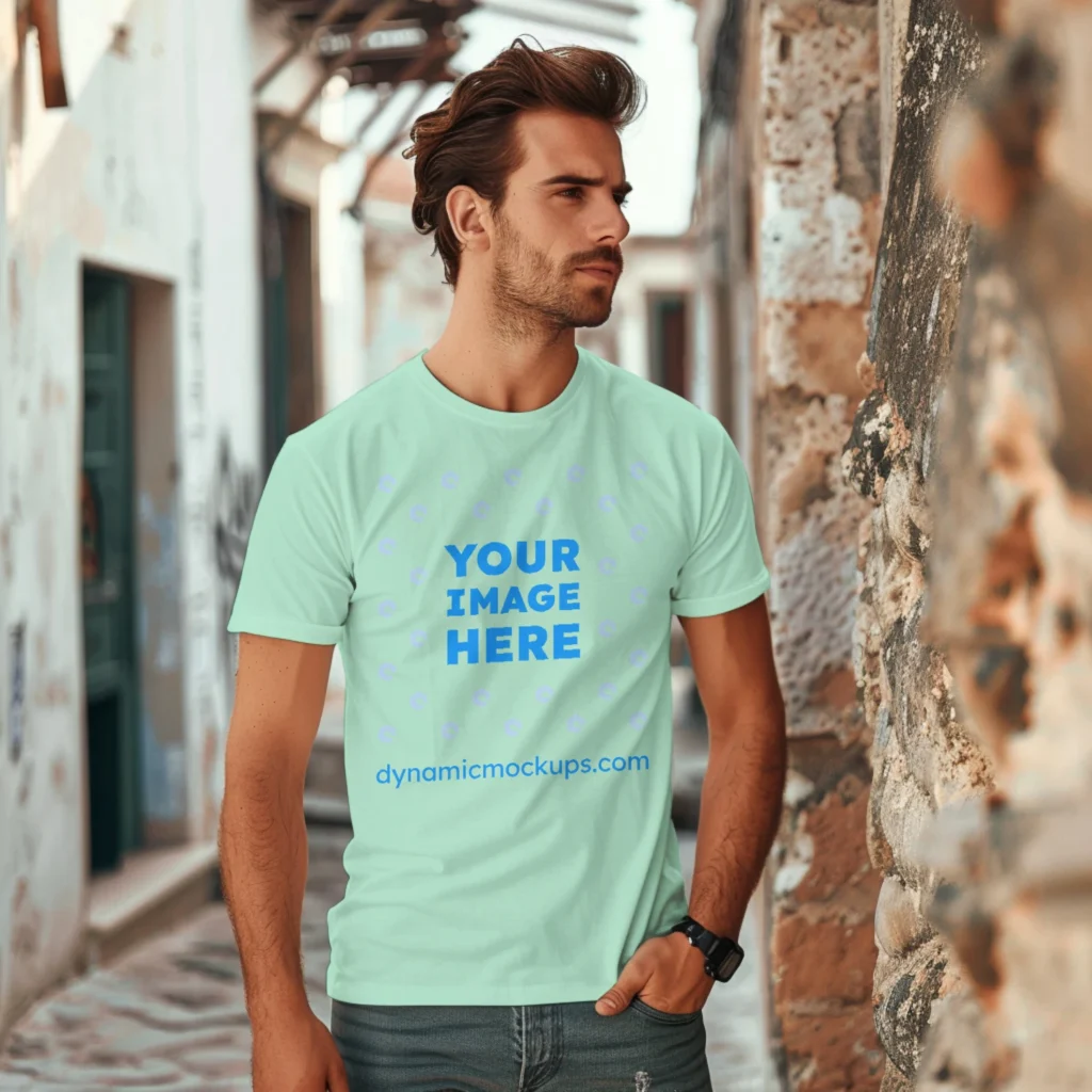 Man Wearing Mint T-shirt Mockup Front View Template