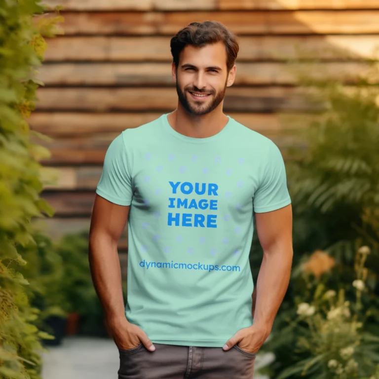 Man Wearing Mint T-shirt Mockup Front View Template