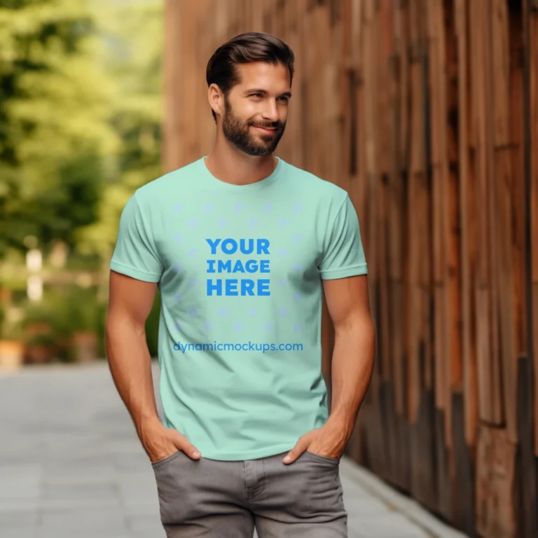 Man Wearing Mint T-shirt Mockup Front View Template