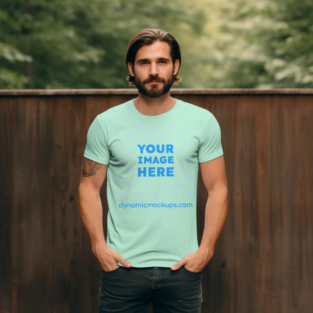 Man Wearing Mint T-shirt Mockup Front View Template