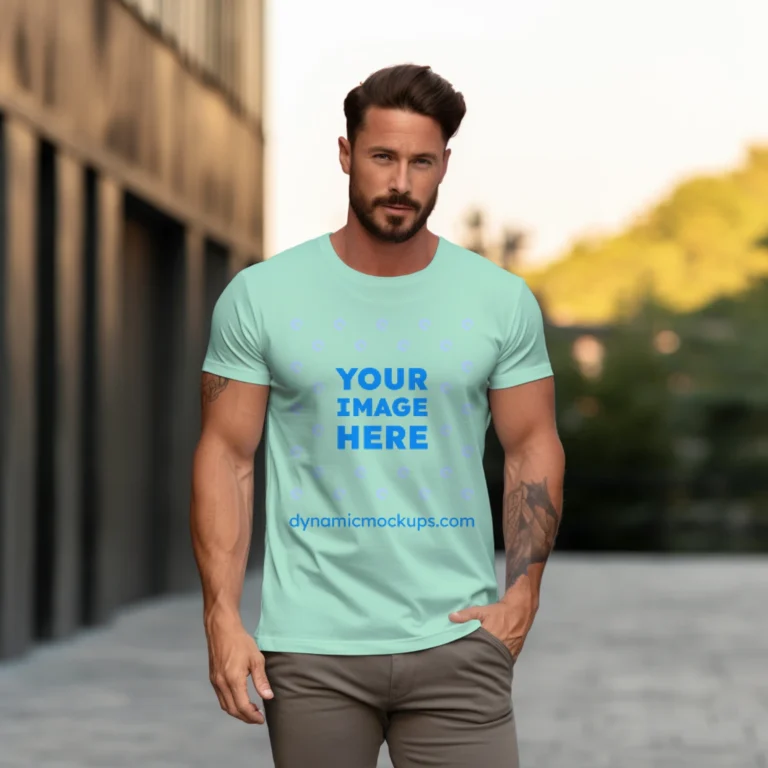 Man Wearing Mint T-shirt Mockup Front View Template