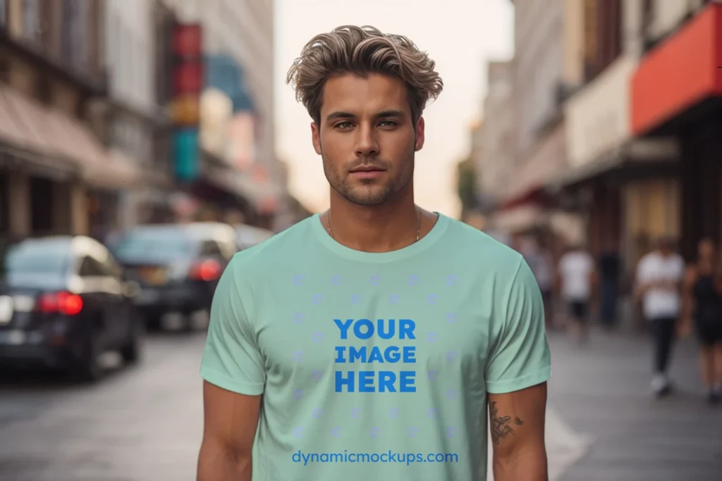 Man Wearing Mint T-shirt Mockup Front View Template