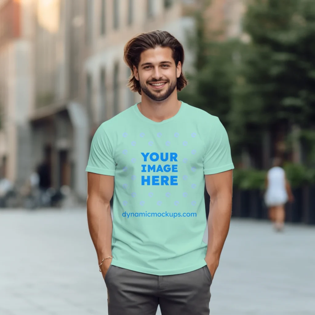 Man Wearing Mint T-shirt Mockup Front View Template