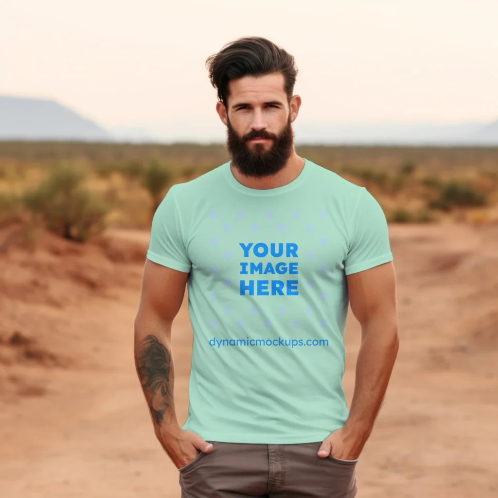 Man Wearing Mint T-shirt Mockup Front View Template