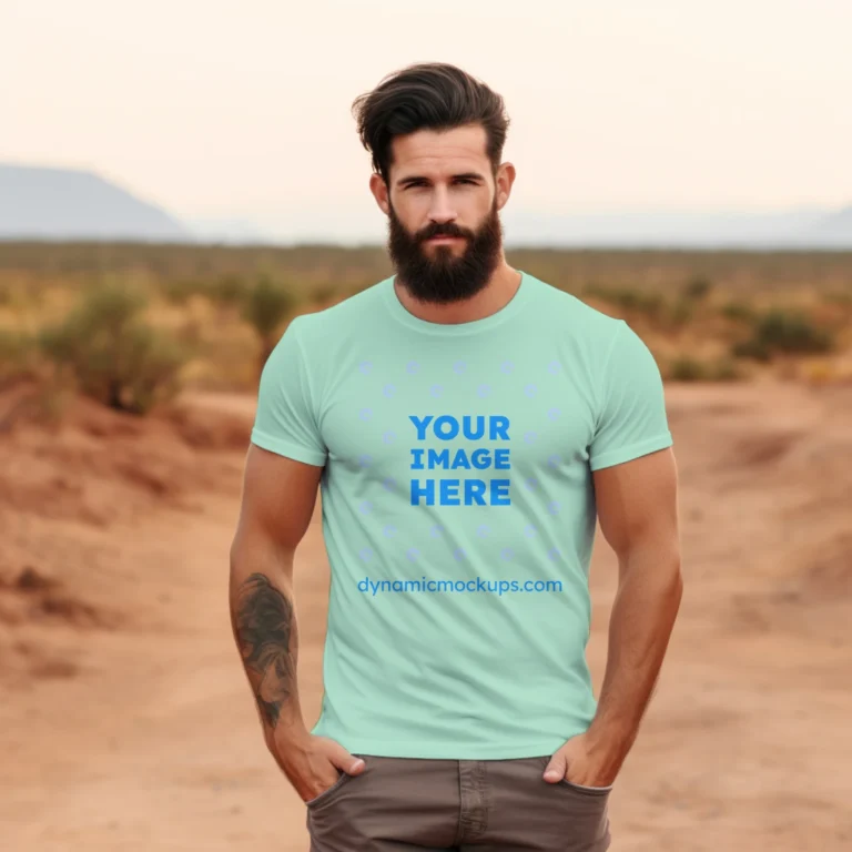 Man Wearing Mint T-shirt Mockup Front View Template