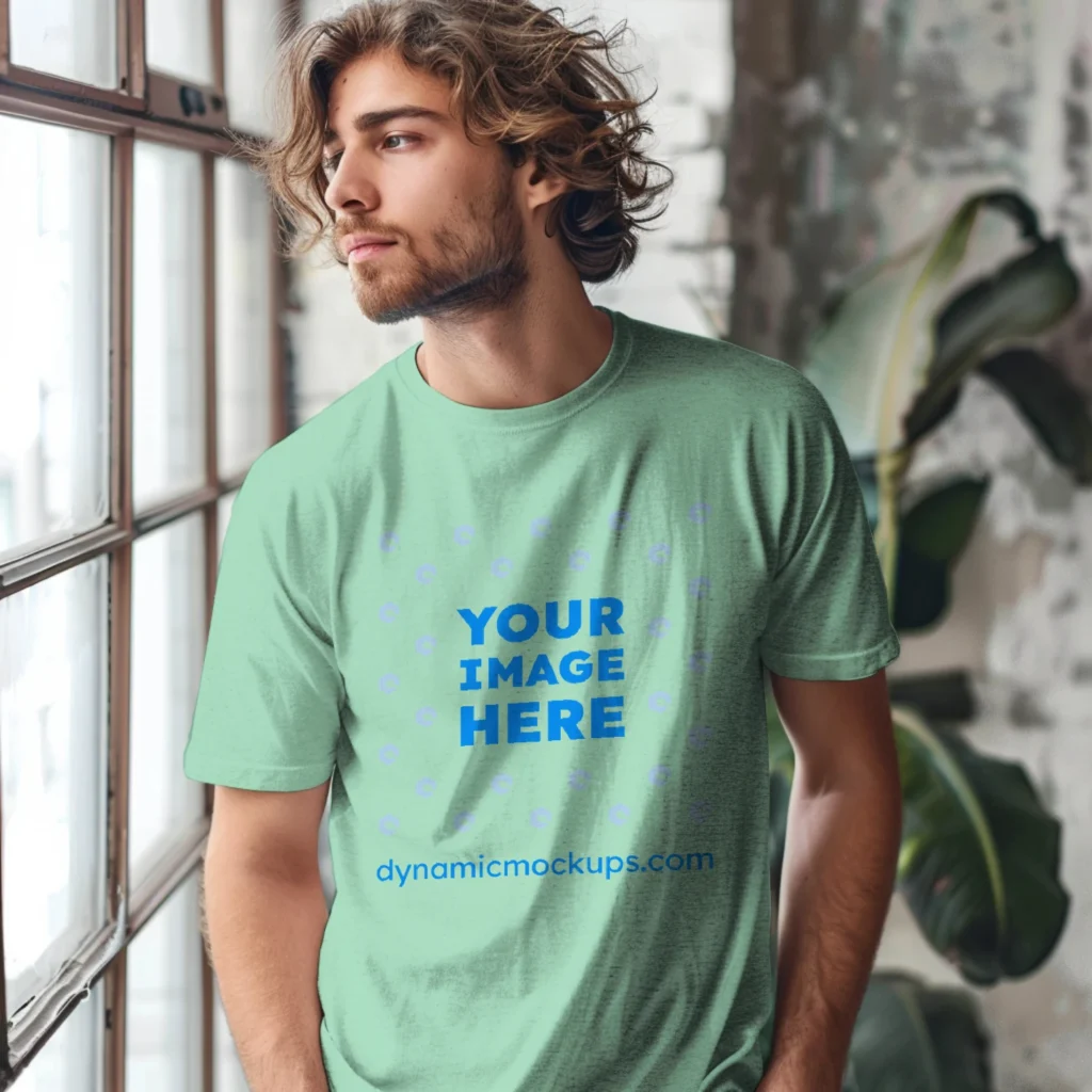 Man Wearing Mint T-shirt Mockup Front View Template